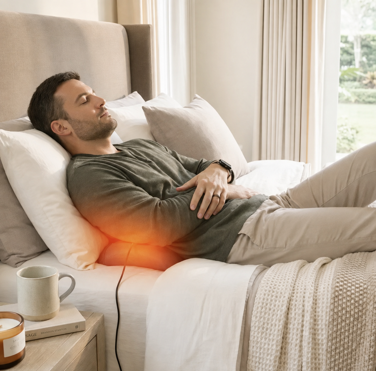 Man relaxing on a sofa with the Orevive SpineEase massager warming his lower back
