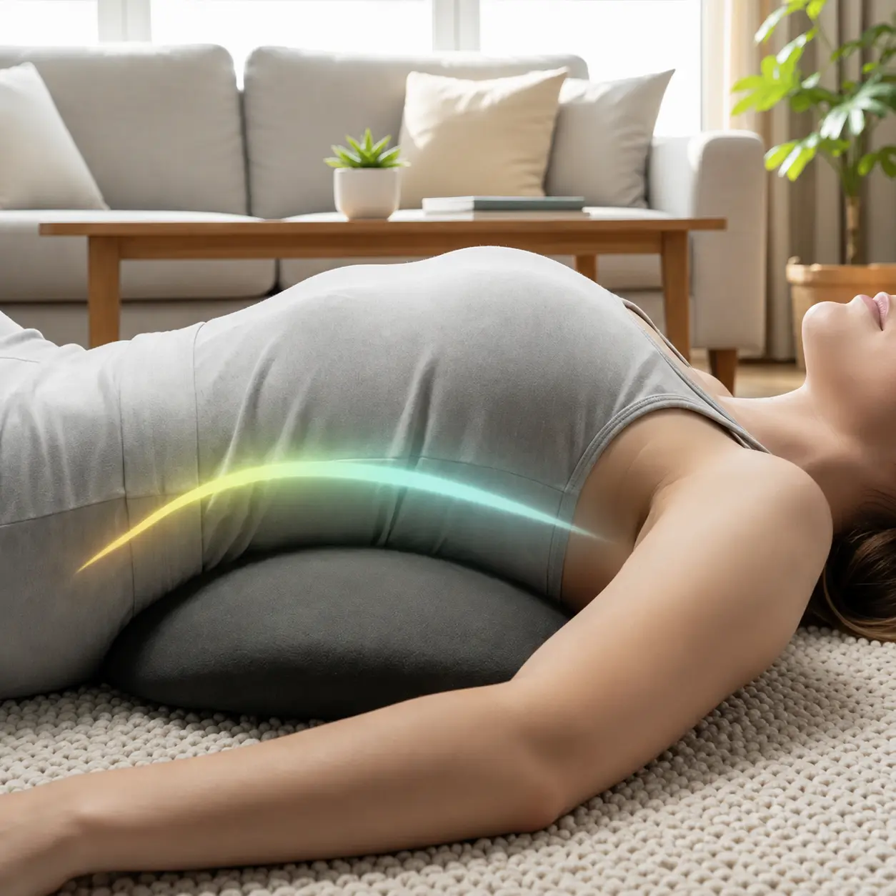 Woman relaxing on a couch using the Orevive SpineEase back massager