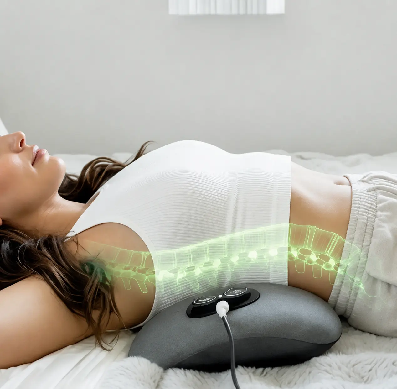 Woman lying in bed easing back stiffness with Orevive SpineEase