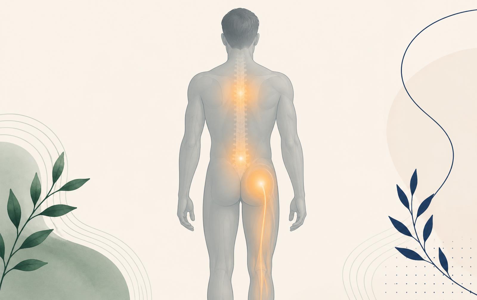 Illustration of the lower back, upper back and sciatic pain zones Orevive SpineEase targets